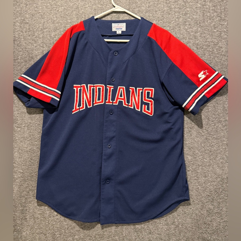 Cleveland Indians Vtg Starter Baseball Jersey Men L blue red thick knit stitched